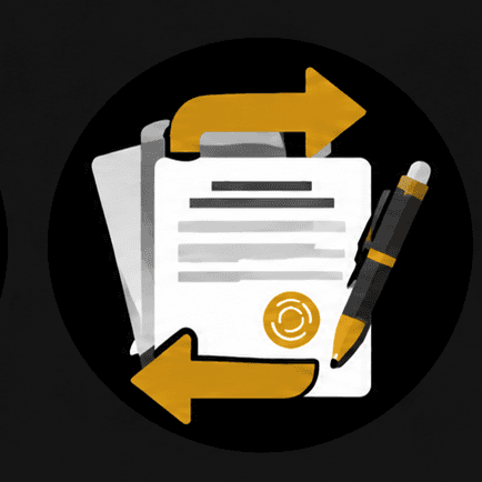 Contract papers with a pen and transaction arrows