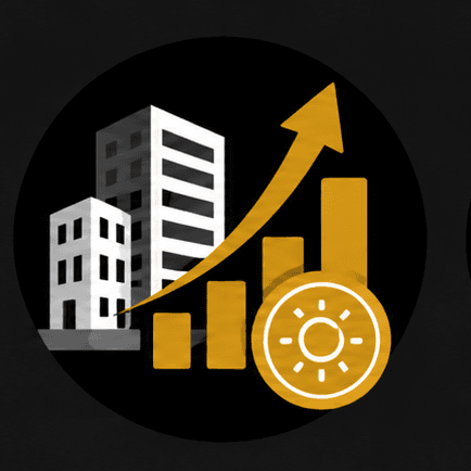 Business buildings with an upward growth chart